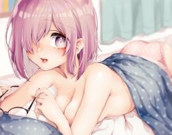 Rule 34 | 1girl, ass, bed, blush, breasts, cleavage, collarbone, curtains, unworn eyewear, fate/grand order, fate (series), glasses, hair over one eye, holding, holding removed eyewear, indoors, looking at viewer, lying, mash kyrielight, medium breasts, mokokiyo (asaddr), on stomach, panties, parted lips, pink panties, short hair, smile, solo, topless, under covers, underwear