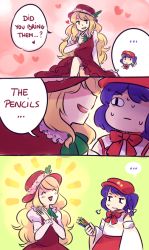 Rule 34 | ..., 2girls, 3koma, ^ ^, blonde hair, breath, closed eyes, colored pencil, comic, dolls in pseudo paradise, english text, extra, closed eyes, hat, heart, jacket girl (dipp), label girl (dipp), multiple girls, nekolina, open mouth, own hands together, pencil, purple hair, spoken ellipsis, sweat, touhou, triangle mouth, yellow eyes