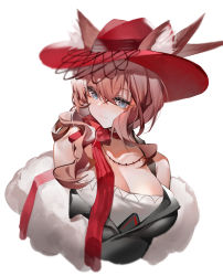 Rule 34 | 1girl, absurdres, animal ears, arknights, bare shoulders, black dress, blue eyes, breasts, cat ears, chinese commentary, cleavage, commentary request, cropped torso, dress, ears through headwear, feather boa, hair between eyes, heidi (arknights), highres, large breasts, long hair, looking at viewer, pink hair, red headwear, shiro kanae, simple background, smile, solo, upper body, white background