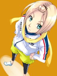 Rule 34 | 1boy, artist name, blonde hair, blue eyes, foreshortening, from above, hair ornament, hairclip, hands on own hips, jacket, kohinata hozumi, male focus, open clothes, open jacket, orange background, prince of stride, reki09, scarf, shorts, signature, simple background, smile, solo, yellow scarf, yellow shorts, zipper