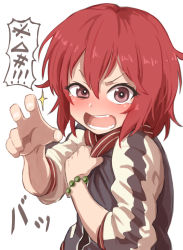 Rule 34 | 1girl, angry, blush, bracelet, brown eyes, clothes grab, commentary request, fighting stance, gazacy (dai), highres, idolmaster, idolmaster cinderella girls, jacket, jewelry, looking at viewer, murakami tomoe, open mouth, red hair, short hair, simple background, solo, tearing up, teeth, upper body, v-shaped eyebrows, white background