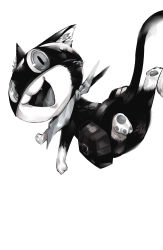 Rule 34 | :3, animal ear fluff, animal ears, animal focus, blazpu, cat, cat ears, cat tail, fang, full body, greyscale, highres, jumping, mask, monochrome, morgana (persona 5), neckerchief, no humans, open mouth, persona, persona 5, smile, solo, tail, white background