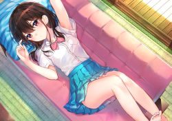 Rule 34 | 1girl, arm up, barefoot, blue skirt, bow, bowtie, brown eyes, brown hair, couch, day, from above, full body, indoors, knees up, lying, miniskirt, mochiko (mochiko3121), official art, on back, pillow, pink bow, pleated skirt, pocket, rug, shirt, short sleeves, skirt, sliding doors, solo, thighs, white shirt