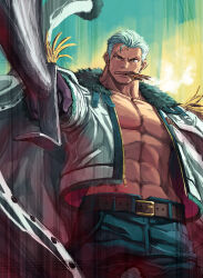 Rule 34 | 1boy, abs, cigar, cowboy shot, denim, facial hair, foreshortening, highres, holding, holding weapon, jacket, jeans, large pectorals, leather belt, looking at viewer, male focus, mature male, michairu, muscular, muscular male, navel, nipples, one piece, open clothes, open jacket, pants, pectoral cleavage, pectorals, short hair, sideburns, smoker (one piece), smoking, solo, stomach, stubble, weapon, white hair
