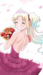 1girl ^_^ aokiotemoto back backless_dress backless_outfit blonde_hair blue_hair bouquet bow closed_eyes commentary_request dress facing_viewer fang flower gradient_hair grin hair_bow highres holding holding_bouquet light_blue_hair light_particles link!_like!_love_live! long_hair love_live! multicolored_hair official_alternate_costume orange_flower osawa_rurino osawa_rurino_(yuukyuu_no_butoukai) parted_bangs partial_commentary pink_bow pink_dress red_flower smile solo tiara twintails virtual_youtuber white_flower