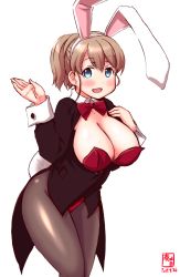 Rule 34 | 1girl, absurdres, alternate costume, animal ears, artist logo, black jacket, blue eyes, blush, bow, bowtie, breasts, brown hair, brown pantyhose, cleavage, covered navel, cowboy shot, dated, detached collar, fake animal ears, hair between eyes, hand on own chest, highres, intrepid (kancolle), jacket, kanon (kurogane knights), kantai collection, large breasts, leotard, looking at viewer, open clothes, open jacket, pantyhose, playboy bunny, pocket, ponytail, rabbit ears, red leotard, short hair, signature, simple background, solo, strapless, strapless leotard, tailcoat, white background, wrist cuffs