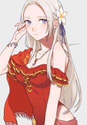 Rule 34 | 1girl, commentary request, edelgard von hresvelg, fire emblem, fire emblem: three houses, fire emblem heroes, flower, forehead, grey background, grey hair, hair flower, hair ornament, hair ribbon, highres, looking at viewer, nintendo, official alternate costume, one-piece swimsuit, peach11 01, purple eyes, purple ribbon, red one-piece swimsuit, ribbon, simple background, single bare shoulder, solo, swimsuit, white flower