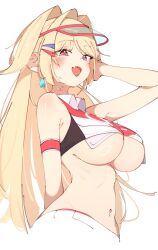 Rule 34 | 1girl, :d, blonde hair, breasts, character request, copyright request, earrings, highres, jewelry, large breasts, long hair, looking at viewer, open mouth, rasusurasu, red eyes, simple background, smile, solo, underboob, visor cap, white background