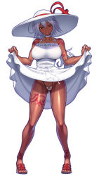 Rule 34 | 1girl, absurdres, arm tattoo, bare shoulders, blush, breasts, clothes lift, dark skin, dark-skinned female, dress, dress lift, hat, highleg, highleg panties, highres, large breasts, lifting own clothes, looking at viewer, panties, rakko (r2), shoulder tattoo, skirt, skirt lift, sleeveless, sleeveless dress, smile, solo, spaghetti strap, suketto sanjou!, sun hat, sundress, tattoo, leg tattoo, thong, tribal tattoo, underwear, wendy crawford, white dress