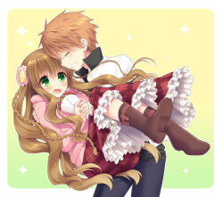 Rule 34 | 1boy, 1girl, black pants, blush, boots, bouquet, braid, brown footwear, brown hair, carrying, casual, closed eyes, commentary request, couple, cowboy shot, eyes visible through hair, flower, footwear ribbon, frilled skirt, frills, from side, full body, fuyuichi, green background, green eyes, grin, hair flower, hair ornament, hetero, holding, holding bouquet, jacket, kanbe kotori, leaning forward, light blush, long hair, long skirt, looking at another, official alternate costume, open mouth, orange hair, own hands together, pants, partial commentary, pink flower, princess carry, profile, red flower, red skirt, rewrite, short hair, shy, simple background, skirt, smile, spiked hair, standing, sweatdrop, tennouji kotarou, twin braids, very long hair, wavy hair, wavy mouth, white jacket