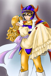 Rule 34 | 1boy, 1girl, arm on another&#039;s shoulder, armor, bow, cape, carrying, dragon quest, dragon quest i, dress, dress bow, fake horns, gloves, gown, helmet, hero (dq1), highres, horned helmet, horns, orange hair, princess, princess carry, princess dress, princess laura, tiara, yellow dress