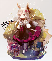 Rule 34 | 1girl, :o, animal ears, barrel, black footwear, blush, bow, box, coffee grinder, commentary, flower, gift, gift box, grey background, grey eyes, hair between eyes, hair bow, hair flower, hair ornament, long hair, long sleeves, looking at viewer, original, parted lips, purple skirt, rabbit ears, red bow, shirt, sign, silver hair, skirt, solo, standing, star (symbol), very long hair, white flower, white shirt, yuzuyomogi