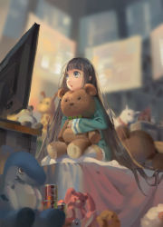 Rule 34 | 1girl, :o, absurdres, bed, black hair, blunt bangs, from below, highres, holding, holding stuffed toy, indoors, kneeling, long hair, long sleeves, original, psi (583278318), sitting, solo, stuffed animal, stuffed toy, teddy bear, television, thighhighs, very long hair, white thighhighs, zettai ryouiki