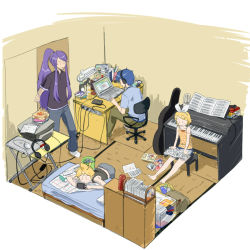 Rule 34 | 1girl, 3boys, bad id, bad pixiv id, barefoot, blonde hair, blue hair, computer, grimoire-may, guitar case, hair ornament, hair ribbon, hairclip, handheld game console, headphones, indoors, instrument, instrument case, kagamine len, kagamine rin, kaito (vocaloid), kamui gakupo, keyboard (computer), keyboard (instrument), laptop, manga (object), multiple boys, playing games, playstation portable, ponytail, pornography, purple hair, reading, ribbon, short hair, sitting, sketch, smile, vocaloid, yaoi (object), | |