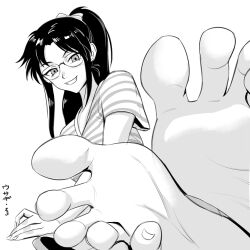Rule 34 | 1girl, absurdres, barefoot, conejologia, feet, glasses, grin, highres, long hair, looking at viewer, monochrome, ponytail, shirt, smile, soles, t-shirt, toes
