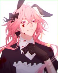Rule 34 | 1boy, animal ears, astolfo (fate), astolfo (saber) (fate), astolfo (saber) (third ascension) (fate), bishounen, black bow, black bowtie, black gloves, black ribbon, blood, blood on clothes, blood on face, blurry, bow, bowtie, chromatic aberration, depth of field, fate/grand order, fate (series), gloves, hair intakes, half-closed eyes, highres, long hair, looking at viewer, male focus, multicolored hair, pink hair, purple eyes, rabbit ears, ribbon, simple background, solo, streaked hair, twintails, user zafc3487, white background, white hair