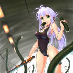 Rule 34 | 1girl, black one-piece swimsuit, competition swimsuit, covered navel, cowboy shot, ehoumaki, food, from below, gluteal fold, green eyes, highres, hokkyoku, long hair, looking at viewer, makizushi, mouth hold, one-piece swimsuit, original, solo, standing, sushi, swimsuit, sword, tentacles, weapon, white hair