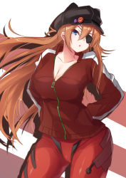 Rule 34 | 1girl, akazawa kureha, alternate breast size, black hat, blue eyes, bodysuit, bodysuit under clothes, breasts, cleavage, collarbone, hair between eyes, hands in pockets, hat, jacket, large breasts, long hair, looking at viewer, neon genesis evangelion, parted lips, plugsuit, red background, red hair, red jacket, solo, souryuu asuka langley, two-tone background, white background