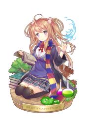 Rule 34 | 1girl, ahoge, belldot, blush, book, book stack, kneeling, long hair, looking at viewer, magic, open book, original, plaid, plaid skirt, potion, purple eyes, scarf, school uniform, skirt, solo, striped clothes, striped scarf, transparent background, wristband