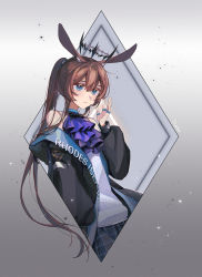 Rule 34 | 1girl, amiya (arknights), animal ear fluff, animal ears, arknights, artist name, ascot, bare shoulders, black coat, blue choker, blue eyes, blue skirt, brown hair, choker, closed mouth, clothes writing, coat, commentary, crown, expressionless, grey background, hand up, highres, jewelry, long hair, long sleeves, looking at viewer, multiple rings, off shoulder, open clothes, open coat, plaid, plaid skirt, ponytail, purple ascot, rabbit ears, ring, shirt, sidelocks, simple background, skirt, solo, spoilers, striped clothes, striped shirt, symbol-only commentary, theta (swfh8575), vertical-striped clothes, vertical-striped shirt, very long hair, white shirt