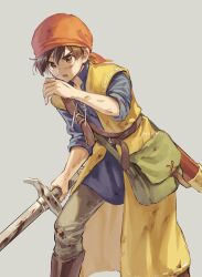 Rule 34 | 1boy, bag, bandana, belt, belt buckle, blue shirt, boots, brown belt, brown eyes, brown footwear, brown hair, bruise, buckle, coat, commentary, dragon quest, dragon quest viii, grey background, hand up, hero (dq8), high collar, highres, holding, holding sword, holding weapon, injury, knee boots, looking to the side, macho ojiji, male focus, open mouth, pants, red bandana, red headwear, shirt, shoulder bag, shoulder belt, sleeveless, sleeveless coat, solo, sword, torn clothes, twitter username, weapon, yellow coat