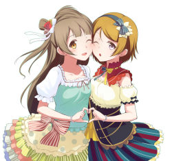 Rule 34 | 10s, 2girls, ;d, ;o, bow, bracelet, brown hair, detached sleeves, european clothes, hair bow, hair ribbon, hairband, heart, heart hands, heart hands duo, jewelry, koizumi hanayo, long hair, looking at viewer, love live!, love live! school idol festival, love live! school idol project, minami kotori, multicolored clothes, multicolored skirt, multiple girls, nanotsuki, one eye closed, open mouth, puffy detached sleeves, puffy short sleeves, puffy sleeves, ribbon, ribbon-trimmed collar, ribbon trim, short hair, short sleeves, side ponytail, simple background, skirt, smile, striped clothes, striped skirt, vertical-striped clothes, vertical-striped skirt, white background, yellow eyes