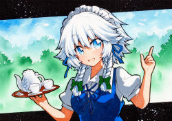 Rule 34 | 1girl, black border, blue dress, blue eyes, blue neckwear, blue sky, border, bow, breasts, cloud, cup, dress, eyes visible through hair, green bow, hair between eyes, hair bow, hands up, izayoi sakuya, kettle, leaf, looking at viewer, maid, maid headdress, medium breasts, open mouth, qqqrinkappp, short hair, short sleeves, sky, smile, solo, touhou, traditional media, tray, upper body, white hair, white sleeves