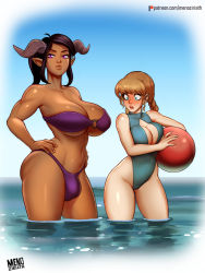 Rule 34 | 2girls, artist name, ball, bikini, black hair, blue eyes, braid, breast cutout, breasts, brown hair, bulge, dark-skinned female, dark skin, futanari, hands on own hips, holding, holding ball, horns, large breasts, looking at penis, looking at viewer, menoziriath, multiple girls, navel, o-ring, o-ring top, one-piece swimsuit, open mouth, original, partially submerged, patreon username, pointy ears, ponytail, purple eyes, standing, strapless, strapless bikini, surprised, swimsuit, symbol-only commentary, teeth, tongue, twin braids, water, watermark
