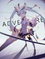 Rule 34 | 1girl, absurdly long hair, black skirt, black thighhighs, blue eyes, blue hair, blush, english text, fingerless gloves, full body, gloves, hatsune miku, highres, holding, holding polearm, holding spear, holding weapon, kieed, long hair, looking at viewer, parted lips, polearm, sheath, sheathed, skirt, smile, solo, spear, sword, thighhighs, very long hair, vocaloid, weapon, white gloves