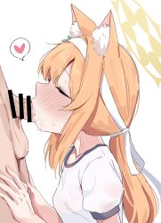 Rule 34 | 1girl, animal ear fluff, animal ears, blue archive, blue eyes, blush, breasts, cat ears, closed eyes, commentary request, fellatio, flower, gym shirt, gym uniform, hair flower, hair ornament, hairband, halo, heart, hetero, highres, long hair, mari (blue archive), mari (track) (blue archive), mashiro latte (msrn39), official alternate costume, open mouth, oral, orange hair, saliva, shirt, simple background, solo focus, sweat, white background, yellow halo