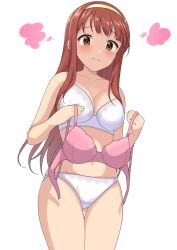 Rule 34 | 1girl, blush, bra, breasts, brown eyes, brown hair, closed mouth, commentary, cowboy shot, crotch seam, frown, gluteal fold, hairband, holding, holding bra, holding clothes, holding underwear, idolmaster, idolmaster million live!, long hair, looking at viewer, medium breasts, navel, panties, perapera, pink bra, simple background, solo, standing, tanaka kotoha, thigh gap, underwear, underwear only, white background, white bra, white panties, yellow hairband