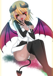 Rule 34 | 10s, 1girl, black nails, blonde hair, colored sclera, crossed arms, demon, demon girl, demon horns, demon tail, demon wings, fangs, hood, hoodie, horns, komomo (picturecollapse), lilith (monster musume), monster girl, monster musume no iru nichijou, nail polish, open mouth, pointy ears, red sclera, simple background, sitting, solo, tail, thighhighs, tongue, white background, wings, yellow eyes