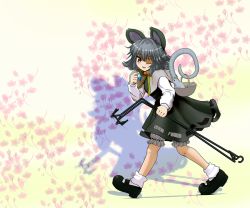 Rule 34 | 1girl, animal ears, basket, bloomers, capelet, cherry blossoms, dowsing rod, female focus, floral background, grey hair, ishikkoro, jewelry, mouse (animal), mouse ears, mouse tail, nazrin, pendant, red eyes, short hair, solo, tail, touhou, underwear, walking