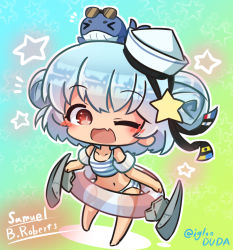 Rule 34 | &gt; &lt;, 1girl, ;d, animal, animal on head, asimo953, black ribbon, blue hair, chibi, commentary request, dixie cup hat, double bun, fang, full body, hair bun, hair ornament, hairpin, hat, hat ribbon, holding, holding swim ring, innertube, kantai collection, little blue whale (kancolle), military hat, on head, one eye closed, open mouth, ribbon, samuel b. roberts (kancolle), short hair, smile, standing, star (symbol), sunglasses, swim ring, whale