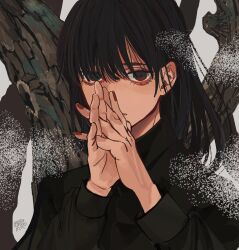 Rule 34 | 1boy, bishounen, black eyes, black shirt, collared shirt, covered mouth, covering own mouth, dress shirt, fingernails, hands up, interlocked fingers, kagoya1219, long bangs, long hair, long sleeves, looking at viewer, male focus, original, own hands together, shirt, sleeve cuffs, solo, straight hair, tree, tree bark, upper body