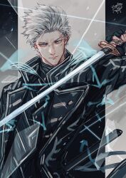 Rule 34 | 1boy, absurdres, blue eyes, closed mouth, coat, devil may cry (series), fingerless gloves, gloves, highres, holding, holding weapon, katana, lolvivianli, male focus, solo, sword, vergil (devil may cry), weapon, white hair, yamato (sword)