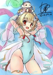 1girl, ahoge, andira (granblue fantasy), artist request, bare shoulders, blonde hair, casual one-piece swimsuit, covered navel, eyebrows visible through hair, flower, granblue fantasy, hair ornament, highleg, highleg swimsuit, looking at viewer, one-piece swimsuit, open mouth, smile, solo, swimsuit, thigh strap