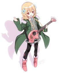 Rule 34 | 10s, 1girl, bass guitar, black pantyhose, blonde hair, brown eyes, coat, dress, fang, flower, green dress, guitar, hair flower, hair ornament, highres, instrument, kiira, long sleeves, misono chiaya, open clothes, open coat, open mouth, pantyhose, revision, shadow, smile, solo, the rolling girls