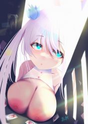 Rule 34 | 1girl, :o, absurdres, aqua eyes, are joel, armpit crease, backlighting, bare shoulders, blue flower, blush, breast rest, breasts, collarbone, drawing (object), flower, hair flower, hair ornament, hair over eyes, highres, indie virtual youtuber, kyria (vtuber), large areolae, large breasts, light rays, locker, looking away, nipples, pink hair, shirt, shrug (clothing), signature, solo, sunbeam, sunlight, twintails, virtual youtuber