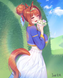 Rule 34 | 1girl, absurdres, animal ears, artist name, bandages, blue jacket, blush, brown hair, clothing cutout, cropped jacket, daiwa scarlet (umamusume), feet out of frame, flower, hair bun, hair intakes, hairband, hands up, highres, holding, holding flower, horse ears, horse girl, horse tail, jacket, long sleeves, looking at viewer, looking to the side, matdoljangin, open mouth, red eyes, skirt, smile, tail, tail through clothes, umamusume, white skirt
