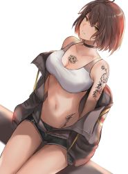 Rule 34 | 1girl, azur lane, baltimore (azur lane), baltimore (black ace) (azur lane), bare shoulders, black neckwear, braid, breasts, brown eyes, brown hair, brown jacket, chest tattoo, choker, cleavage, collarbone, crop top, crossed bangs, flower tattoo, highres, jacket, large breasts, liaowen, long sleeves, looking at viewer, navel, off shoulder, official alternate costume, open clothes, open jacket, parted lips, short hair, short shorts, shorts, shoulder tattoo, simple background, sitting, solo, tattoo, white background