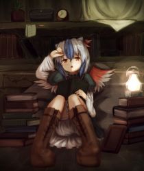 Rule 34 | 1girl, baram, bird wings, bloomers, blue hair, book, book stack, bookshelf, boots, brown footwear, clock, cross-laced footwear, dress, full body, hair between eyes, holding, holding book, lace-up boots, lantern, looking at viewer, multicolored hair, open book, open mouth, plant, potted plant, puffy short sleeves, puffy sleeves, red eyes, short hair, short sleeves, silver hair, solo, tokiko (touhou), touhou, triangle mouth, two-tone hair, underwear, wings