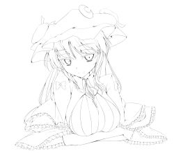 Rule 34 | 1girl, bloom, breasts, crescent, crossed arms, female focus, greyscale, hat, highres, large breasts, lineart, long hair, looking at viewer, monochrome, patchouli knowledge, ribbon, santa (kaisou hikuutei), smile, solo, touhou, upper body