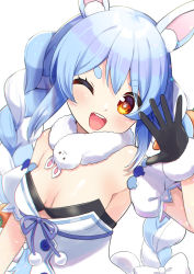 Rule 34 | 1girl, ;d, absurdres, animal ear fluff, animal ears, black gloves, blue hair, braid, breasts, carrot hair ornament, commentary request, detached sleeves, don-chan (usada pekora), dress, food-themed hair ornament, fur scarf, gloves, hair ornament, highres, hololive, long hair, multicolored hair, one eye closed, open mouth, puffy short sleeves, puffy sleeves, rabbit ears, shinomiya shino (sinosino141), short eyebrows, short sleeves, simple background, small breasts, smile, solo, strapless, strapless dress, streaked hair, teeth, thick eyebrows, twin braids, twintails, upper teeth only, usada pekora, usada pekora (1st costume), virtual youtuber, white background, white dress, white hair