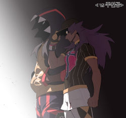 Rule 34 | 2boys, baseball cap, black hoodie, champion uniform, clenched hand, commentary request, creatures (company), dark-skinned male, dark skin, dynamax band, facial hair, from side, game freak, gloves, hand on headwear, hand up, hat, highres, hood, hood up, hoodie, korean commentary, korean text, leggings, leon (pokemon), long hair, male focus, multiple boys, nintendo, pokemon, pokemon swsh, purple hair, raihan (pokemon), redlhzz, serious, shield print, shirt, short shorts, short sleeves, shorts, single glove, sword print, white legwear, white shorts, yellow eyes