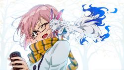 Rule 34 | 1girl, :d, alternate costume, anime coloring, bare tree, black-framed eyewear, creature, fate/grand order, fate (series), glasses, highres, holding, long sleeves, looking at another, mash kyrielight, on shoulder, one eye closed, open mouth, outdoors, pink eyes, pink hair, scarf, short hair, smile, tomato (lsj44867), tree