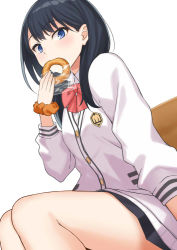Rule 34 | 10s, 1girl, bad id, bad pixiv id, black hair, black skirt, blue eyes, bow, cardigan, cccpo, closed mouth, collared shirt, commentary request, doughnut, dutch angle, fingernails, food, gridman universe, holding, holding food, long hair, long sleeves, miniskirt, orange scrunchie, pleated skirt, red bow, scrunchie, shirt, simple background, sitting, skirt, solo, ssss.gridman, takarada rikka, thighs, transparent, white background, white cardigan, white shirt, wrist scrunchie