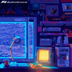 Rule 34 | 1980s (style), abueloretrowave, animated, animated gif, book, calendar (object), city, computer, cup, desk, desk lamp, game console, glowing, half-life, half-life (series), highres, house, indoors, keyboard (computer), lamp, looping animation, mouse, mug, nes, night, night sky, no humans, no smoking, oldschool, original, picture frame, pixel art, poster (object), retro artstyle, shell, sky, snowing, speaker, window, winter
