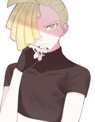 Rule 34 | 1boy, ahoge, alternate costume, blonde hair, brown gloves, brown nails, brown shirt, closed mouth, commentary request, creatures (company), ear piercing, fingerless gloves, game freak, gladion (pokemon), gloves, green eyes, hair over one eye, hand up, highres, kana (kanna runa0620), male focus, nail polish, nintendo, piercing, pokemon, pokemon sm, shirt, short hair, short sleeves, simple background, solo, upper body, white background
