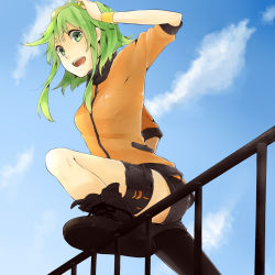 Rule 34 | 1girl, bad id, bad pixiv id, booota, boots, buuta, goggles, goggles on head, green eyes, green hair, gumi, highres, matching hair/eyes, short hair, shorts, smile, solo, vocaloid